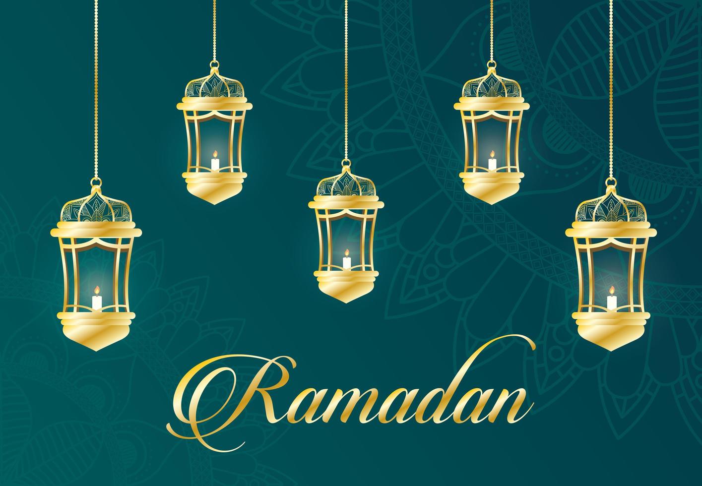 banner celebrazione del ramadan con lampade d'oro vettore