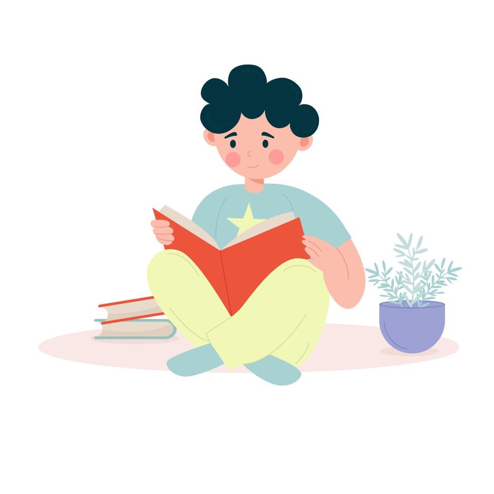un' ragazzo bambino è seduta su il pavimento e lettura un' libro. vettore illustrazione