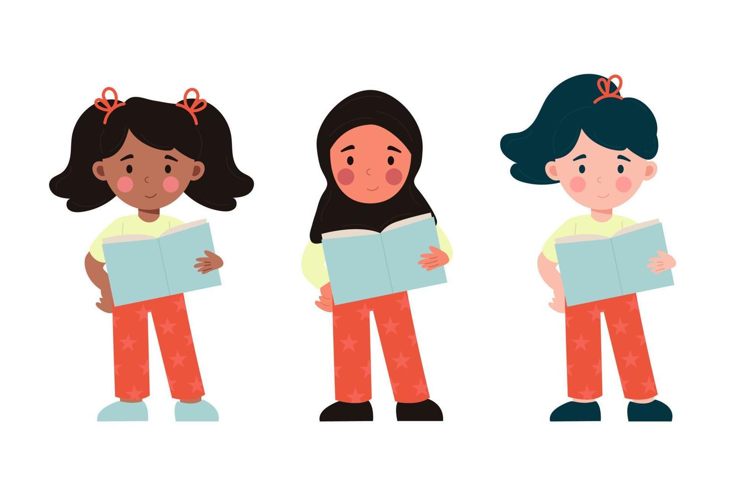 bambini ragazze di diverso nazionalità lettura un' libro. musulmano donna indossare hijab, afroamericano donna. vettore illustrazione