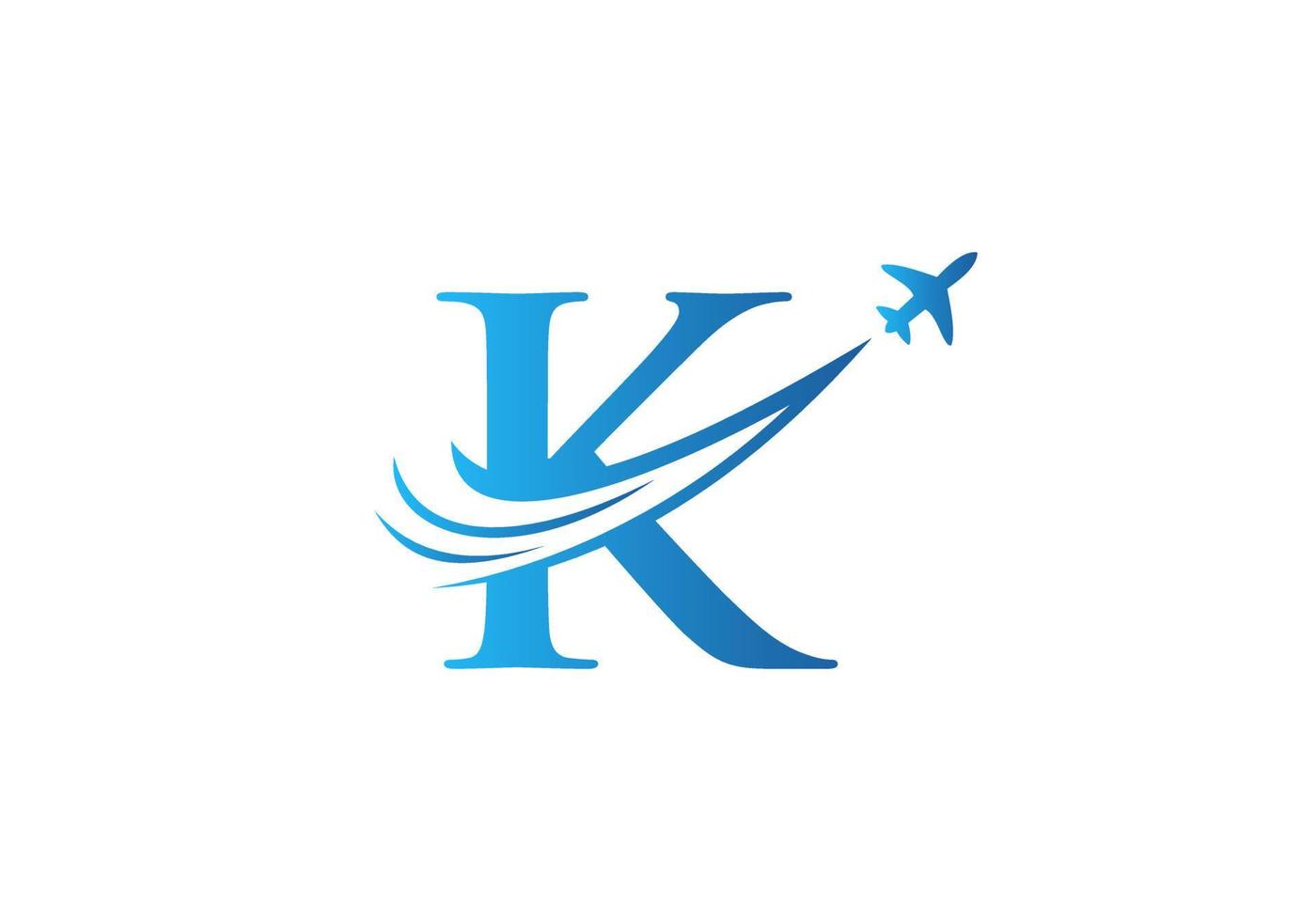 lettera K viaggio logo design concetto con volante aereo simbolo vettore