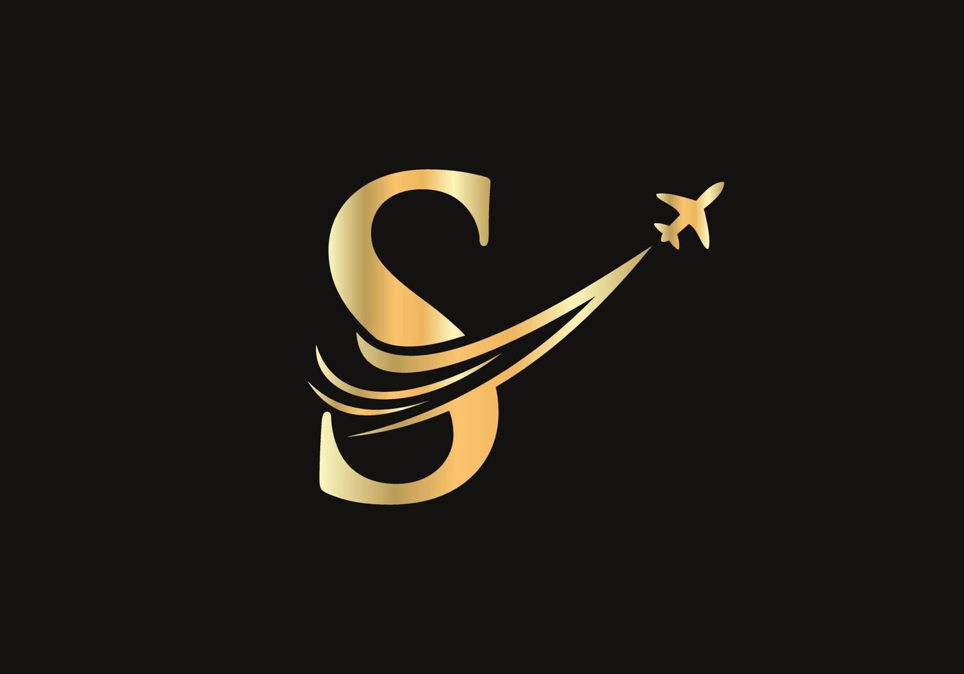 lettera S viaggio logo design concetto con volante aereo simbolo vettore