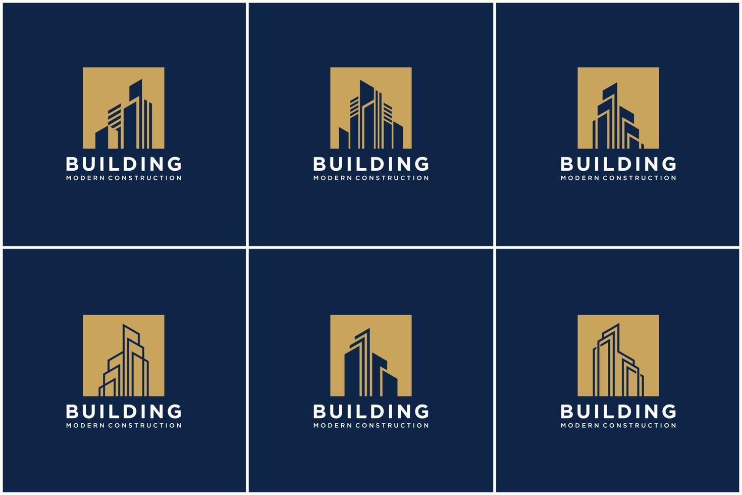 set collection building logo design costruzione bundle. biglietti da visita premium, città ispiratrici che costruiscono loghi astratti moderni. vettore