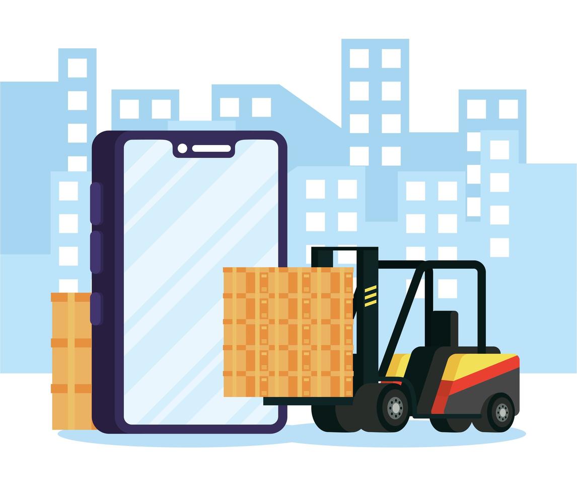 composizione servizio di consegna online con carrello elevatore tramite smartphone vettore