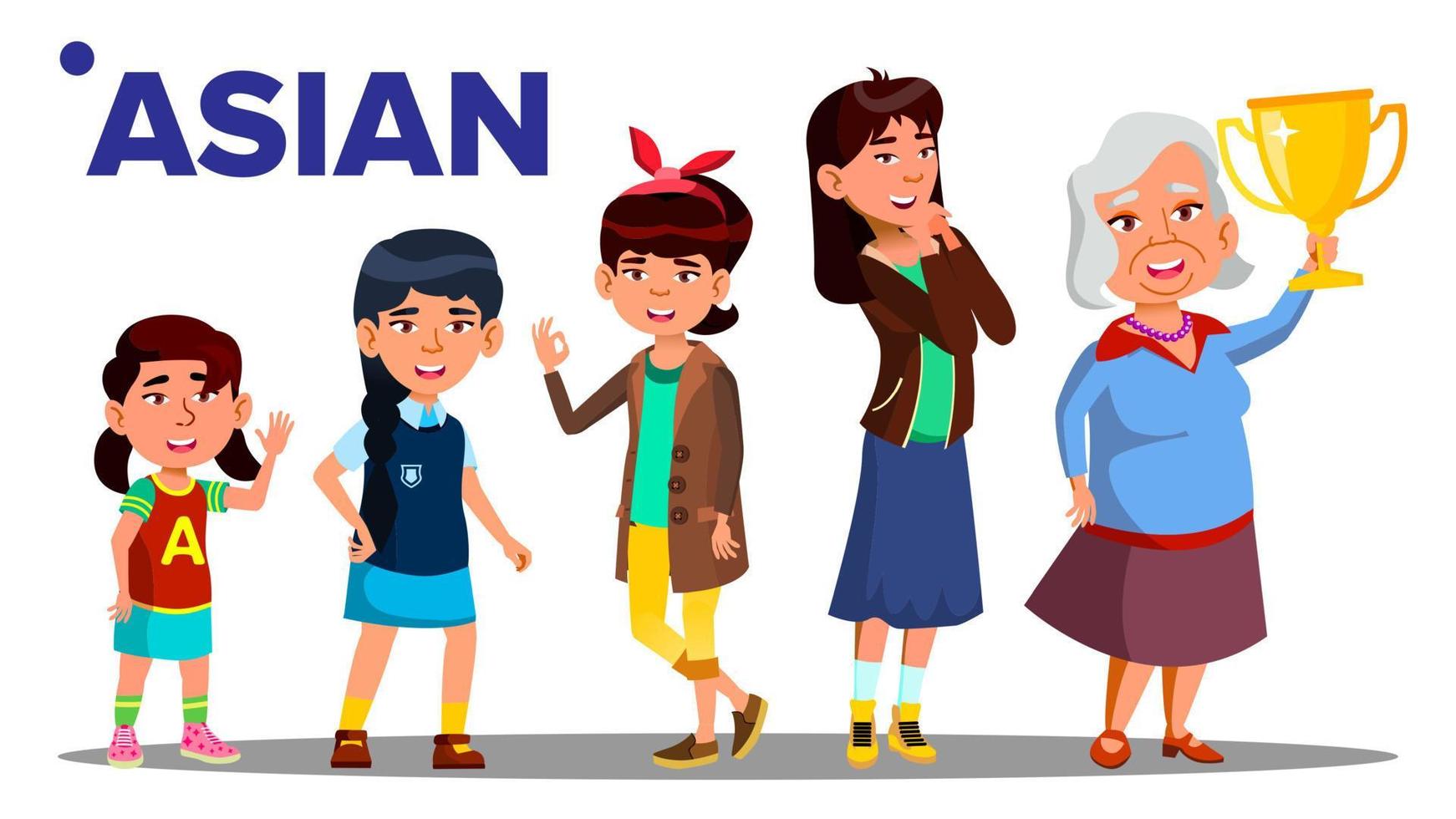 asiatico generazione femmina persone persona vettore. asiatico madre, figlia, nipotina, bambino, adolescente. isolato illustrazione vettore