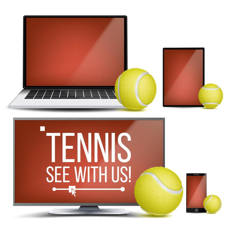 tennis applicazione vettore. Tribunale, tennis sfera. in linea flusso, allibratore, sport gioco app. bandiera design elemento. vivere incontro. tenere sotto controllo, computer portatile, toccare tavoletta, mobile inteligente Telefono. realistico illustrazione vettore