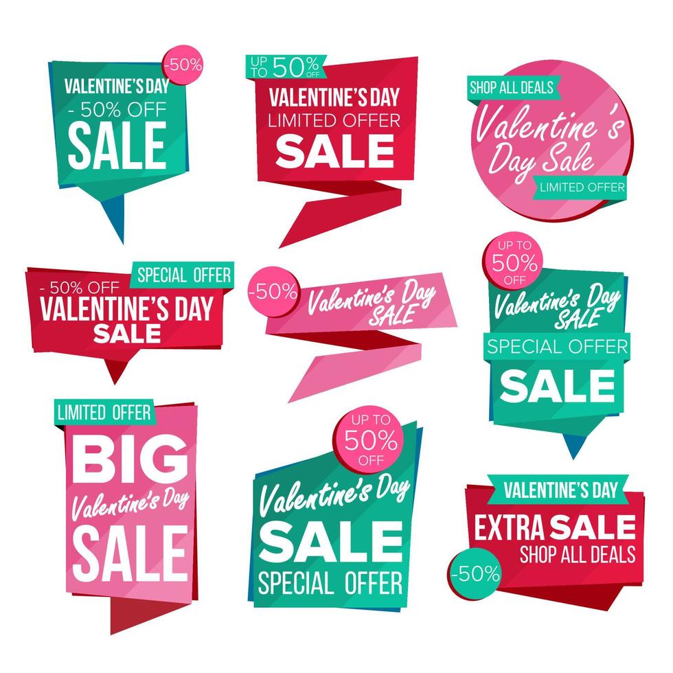 San Valentino S giorno vendita bandiera impostato vettore. vendita voucher; tagliando striscione. sconto etichetta, speciale San Valentino offrire striscione. speciale offrire amore modelli. migliore offrire pubblicità. isolato illustrazione vettore