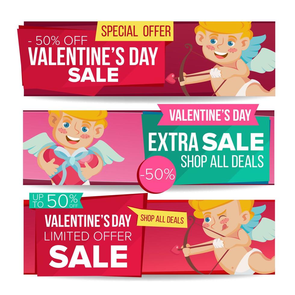 San Valentino S giorno vendita bandiera impostato vettore. febbraio 14 Cupido. San Valentino in linea acquisti. orizzontale sconto striscioni. amore promo vendita bandiera etichetta. romantico prezzo offrire etichette. isolato illustrazione vettore