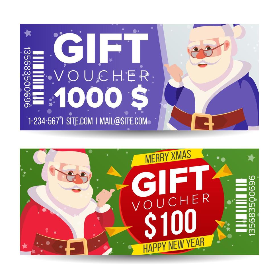 regalo voucher; tagliando vettore. orizzontale buono. allegro Natale. contento nuovo anno. Santa Claus e i regali. shopping annuncio. attività commerciale regalo illustrazione vettore