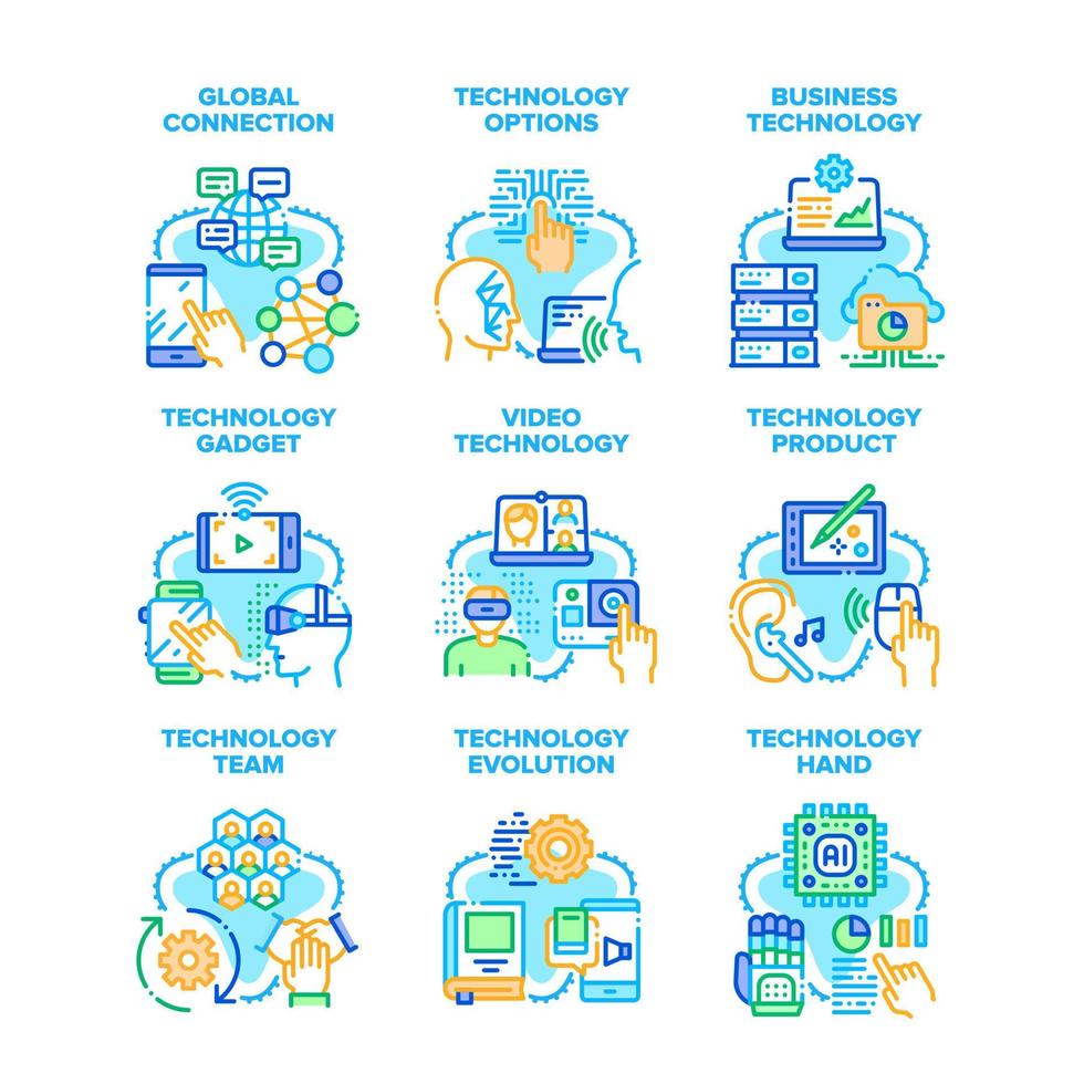 tecnologia aziendale imposta icone illustrazioni vettoriali