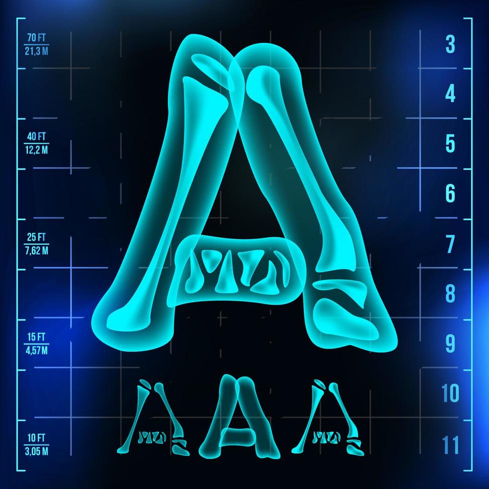 un' lettera vettore. capitale cifra. roentgen raggi X font leggero cartello. medico radiologia neon scansione effetto. alfabeto. 3d blu leggero cifra con osso. medico, Ospedale, futuristico, orrore stile. illustrazione vettore