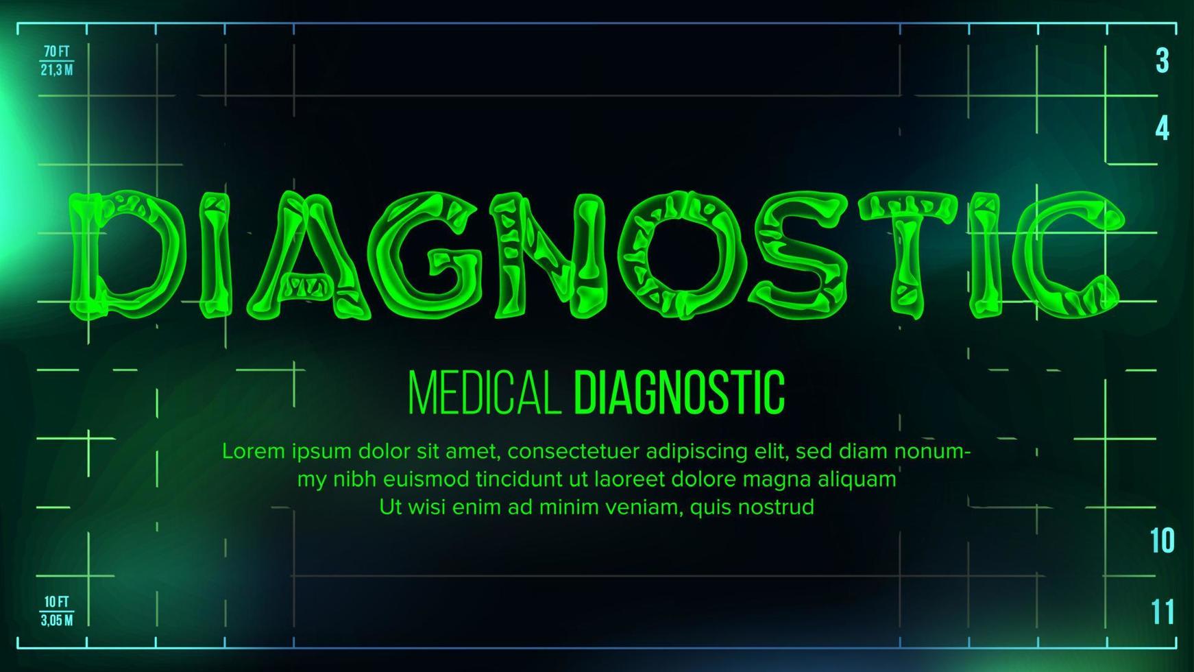 diagnostico bandiera vettore. medico sfondo. trasparente roentgen raggi X testo con ossa. radiologia 3d scansione. medico Salute tipografia. futuristico tecnologia illustrazione vettore