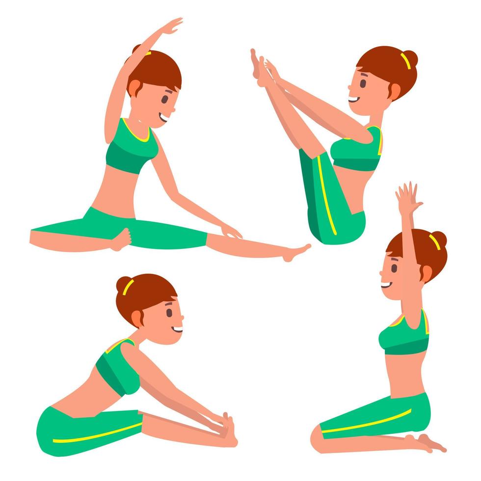 yoga femmina vettore. allungamento e torsione. praticando. giocando nel diverso pose. donna. isolato su bianca cartone animato personaggio illustrazione vettore