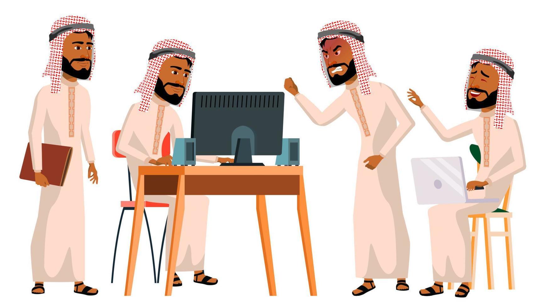 arabo uomo ufficio lavoratore vettore. saudita, emirati, Qatar, emirati arabi uniti. attività commerciale impostare. facciale emozioni, gesti. uomo d'affari persona. davanti, lato Visualizza. sorridente esecutivo, servo, operaio, ufficiale. illustrazione vettore