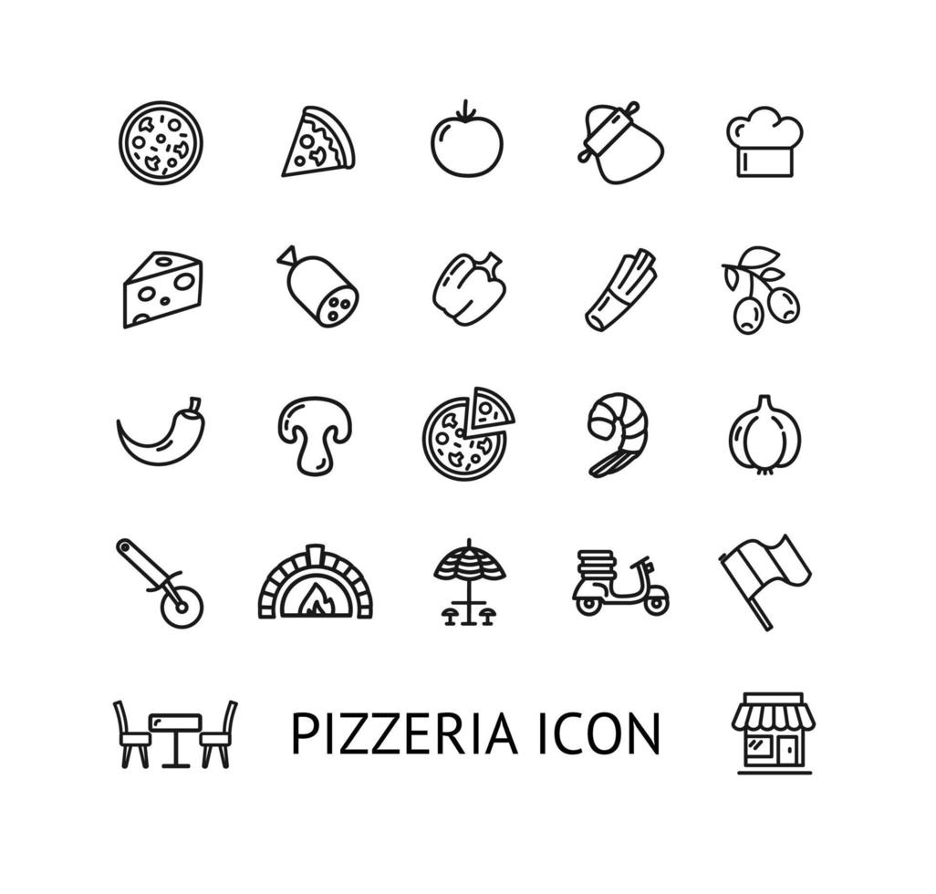 Pizza cartello nero magro linea icona impostare. vettore