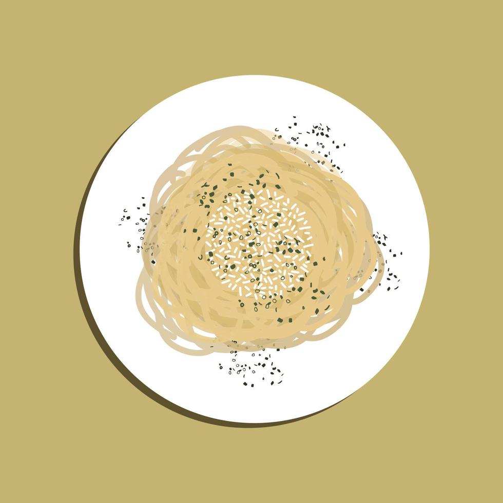 cacio e pepe, spaghetti misto con grattugiato formaggio e spolverato con appena terra nero Pepe nel un' tegame con un' forchetta. ingredienti su un' bianca piatto, Visualizza a partire dal sopra. vettore