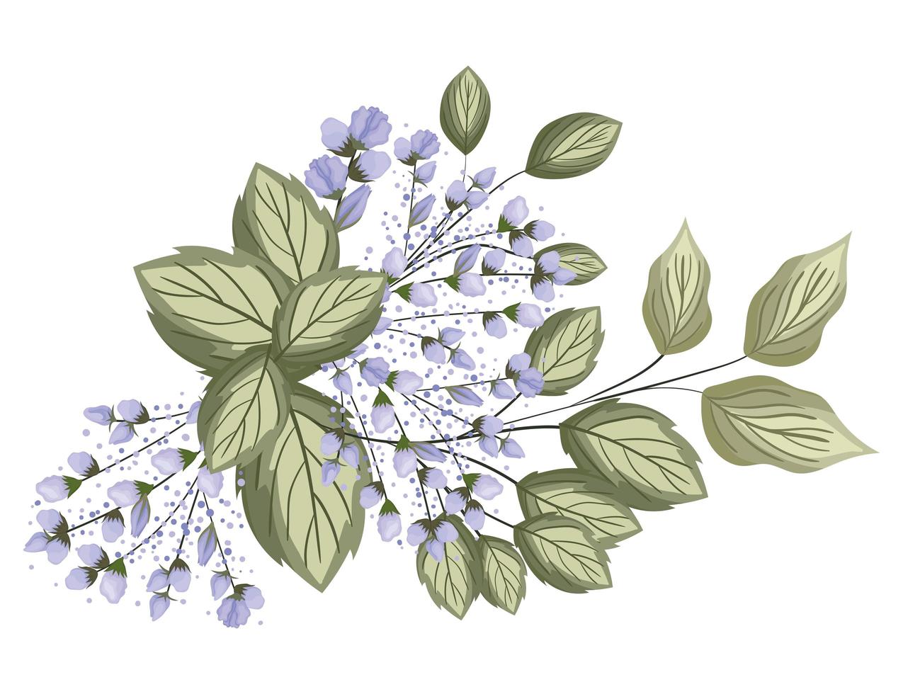 boccioli blu fiori con pittura bouquet di foglie vettore
