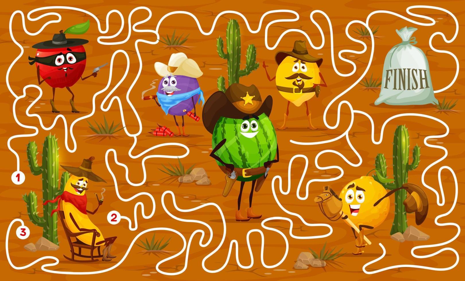 labirinto labirinto gioco, cartone animato frutta cowboy, rangers vettore