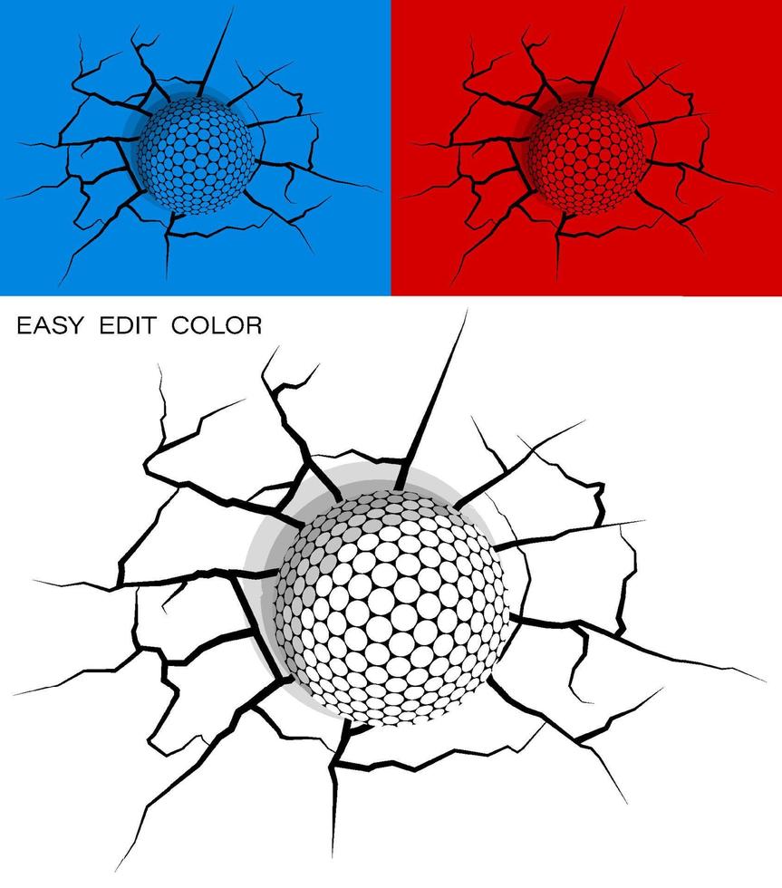 golf palla colpire parete con forza e danneggiato, crepe su parete. gli sport design elemento. attivo stile di vita. vettore su bianca o colore sfondo con crepe