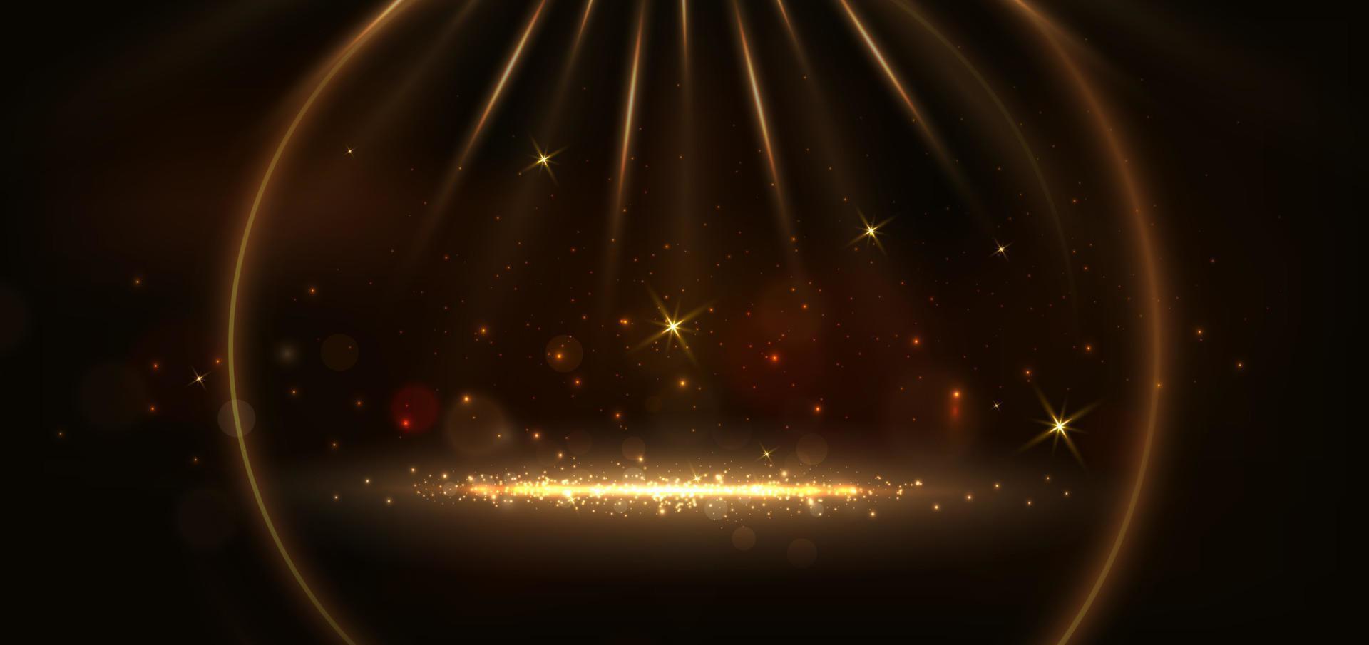 astratto raggiante cerchio oro Linee su buio Marrone sfondo con illuminazione effetto e scintillare con copia spazio per testo. lusso design stile. vettore