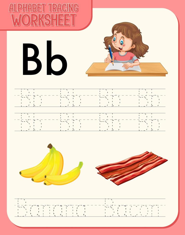 foglio di lavoro di tracciamento alfabeto con lettera e vocabolario vettore