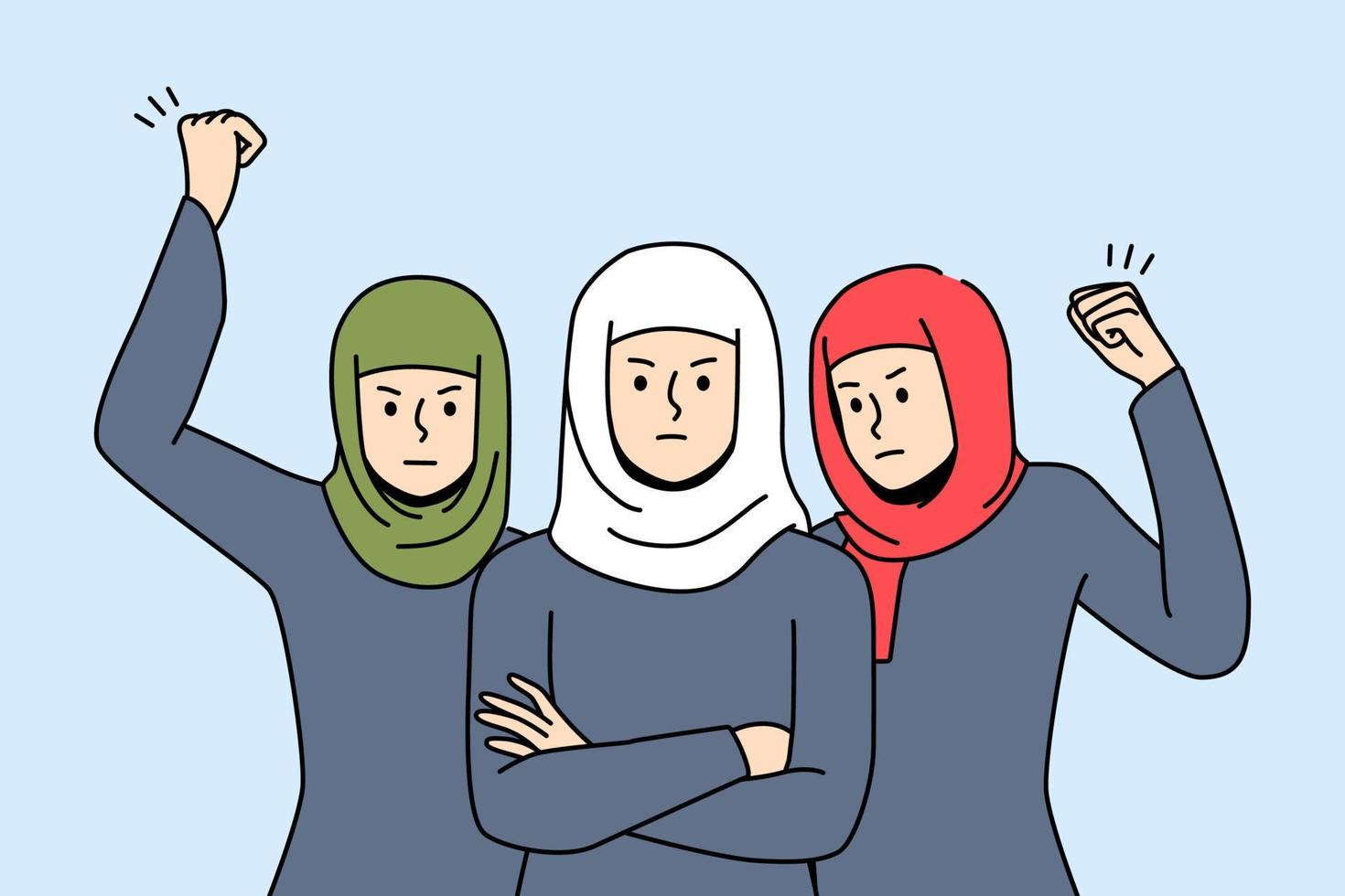 decisivo donne nel hijab In piedi insieme per uguaglianza e diritti. arrabbiato Arabo femmine protesta su strada. dimostrazione concetto. vettore illustrazione.