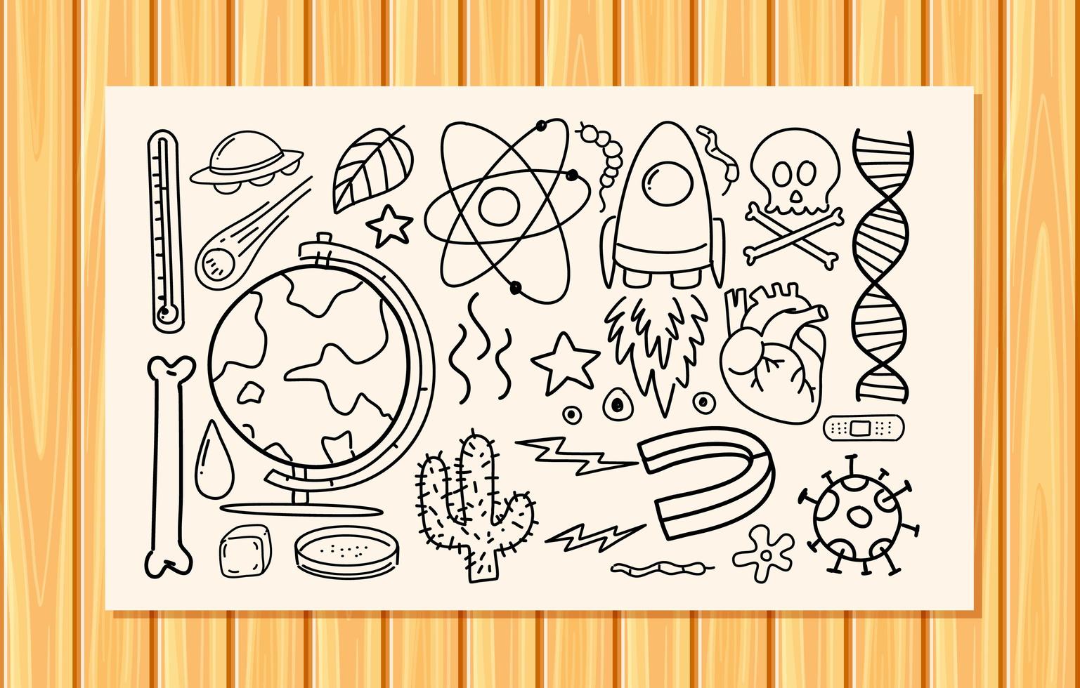 diversi tratti di doodle sulle attrezzature scientifiche su una carta vettore