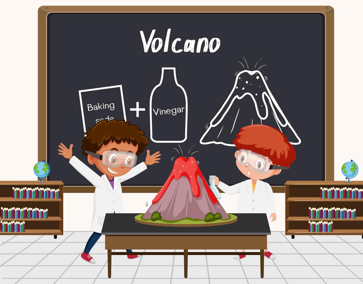 giovane scienziato che fa esperimento sul vulcano davanti a una tavola in laboratorio vettore