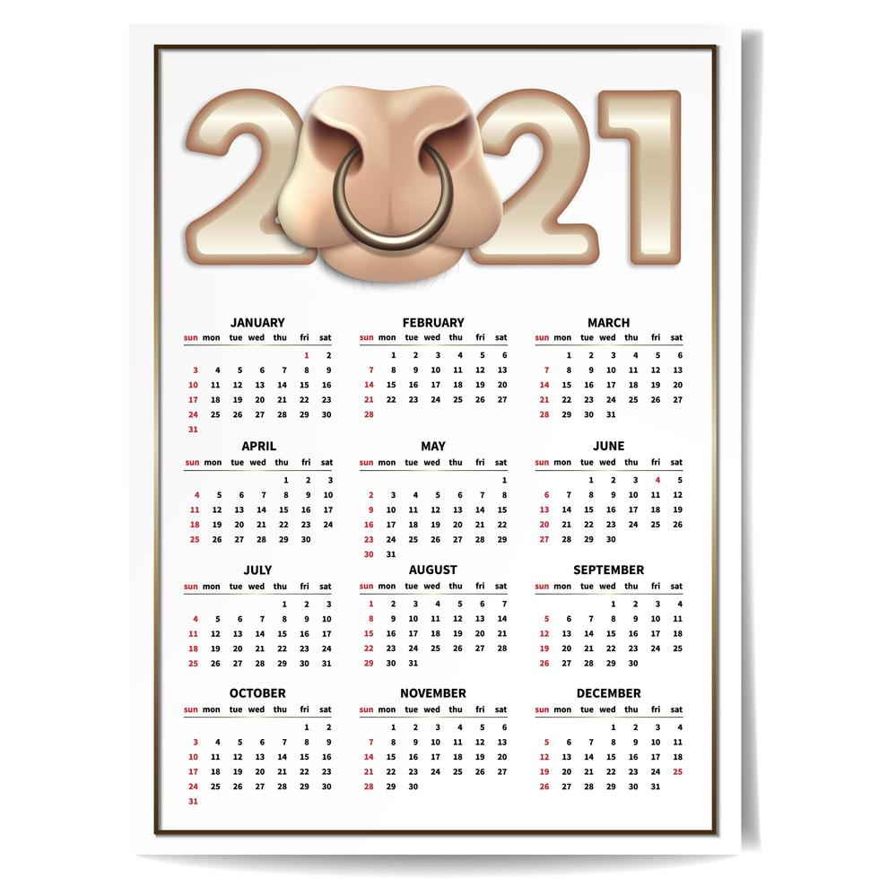 calendario toro bianco 2021 vettore