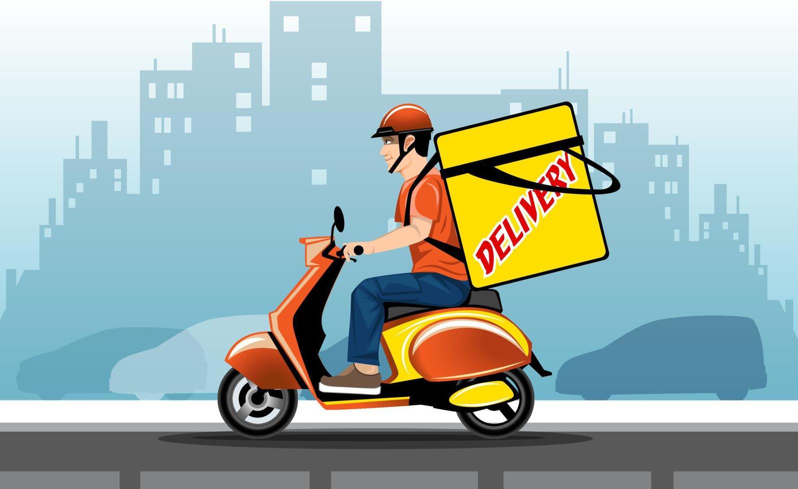 illustrazione di un' Fretta consegna uomo su un' scooter con un' grande Borsa dietro a il suo indietro contro il sfondo di il città. vettore