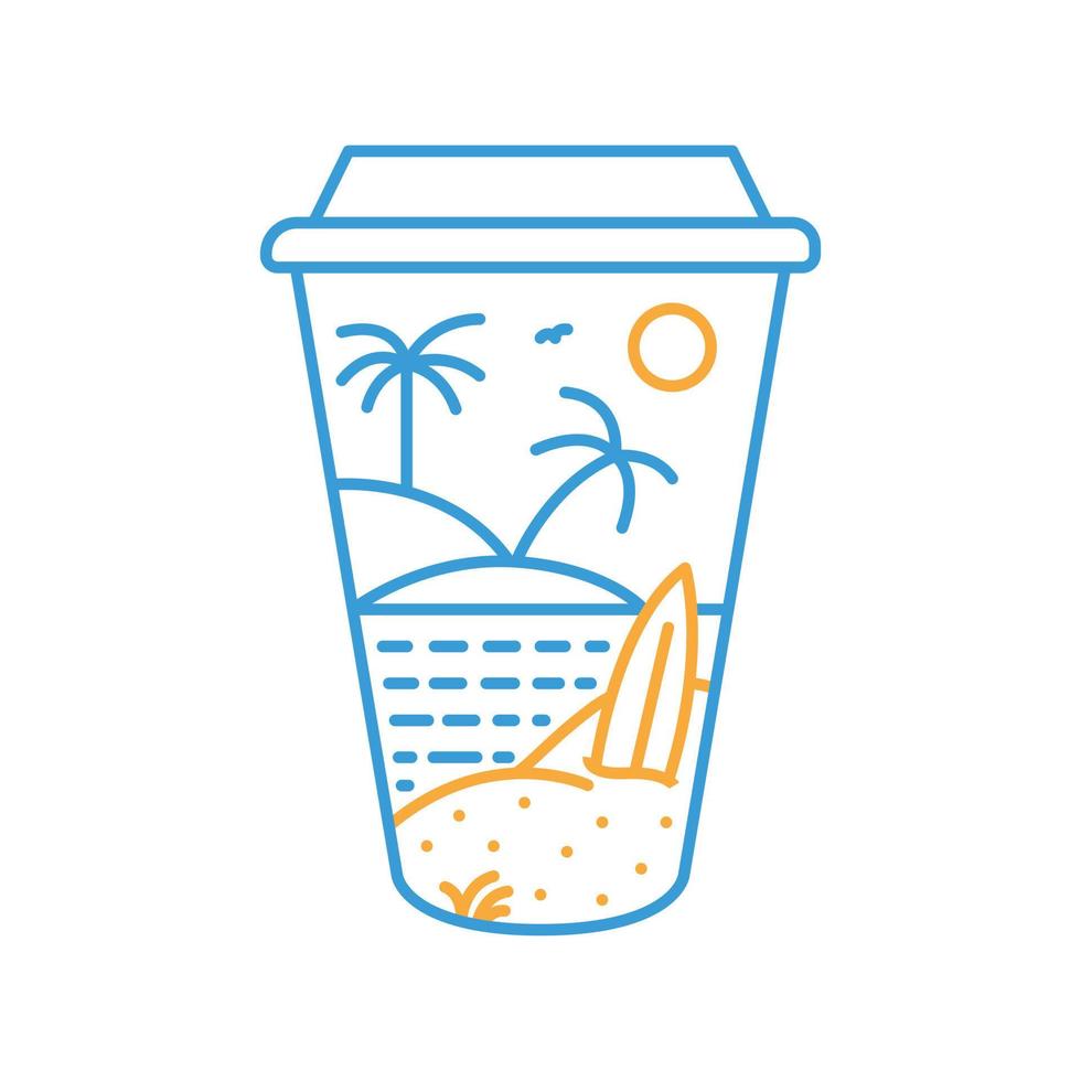 estate vacanza su il spiaggia con un' tazza di caffè monoline illustrazione per abbigliamento vettore