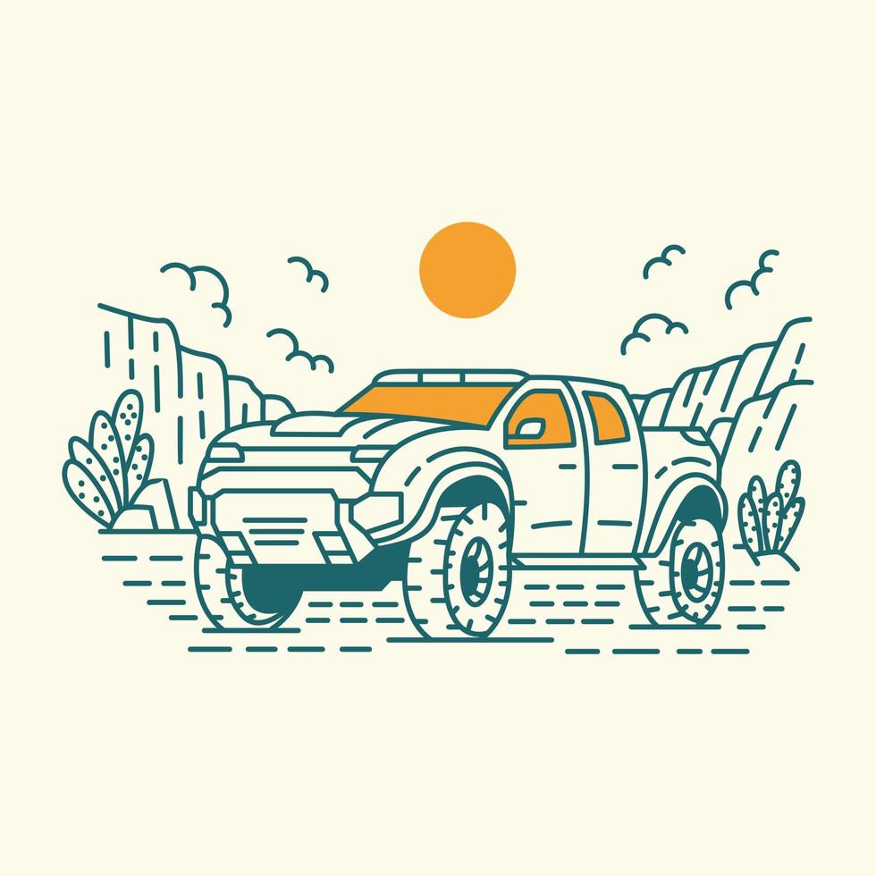 occidentale deserto camion viaggio monoline illustrazione per abbigliamento vettore