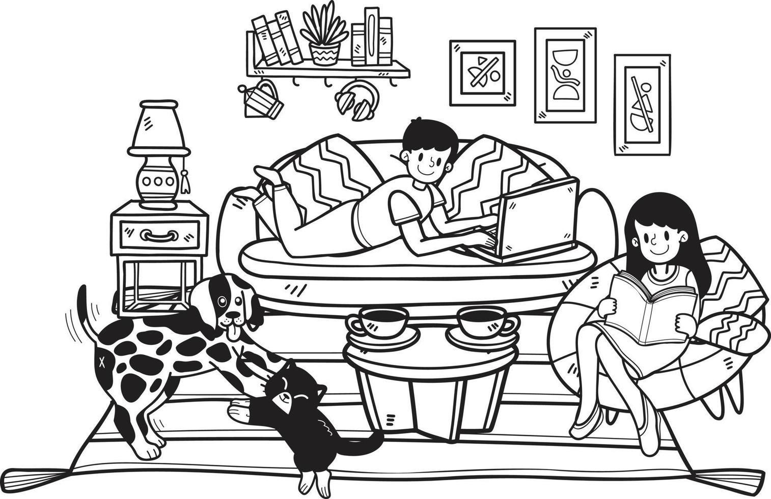mano disegnato proprietario è addormentato con il cane e gatto nel il camera illustrazione nel scarabocchio stile vettore