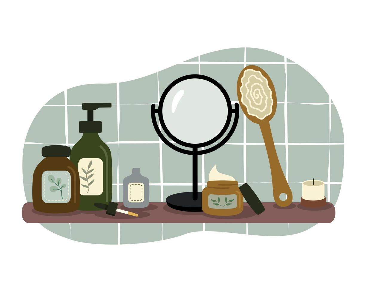 composizione con cosmetico prodotti su il ripiano, shampoo, crema, specchio, viso olio, spazzola, candela. pelle cura routine impostare. piatto cartone animato vettore illustrazione.