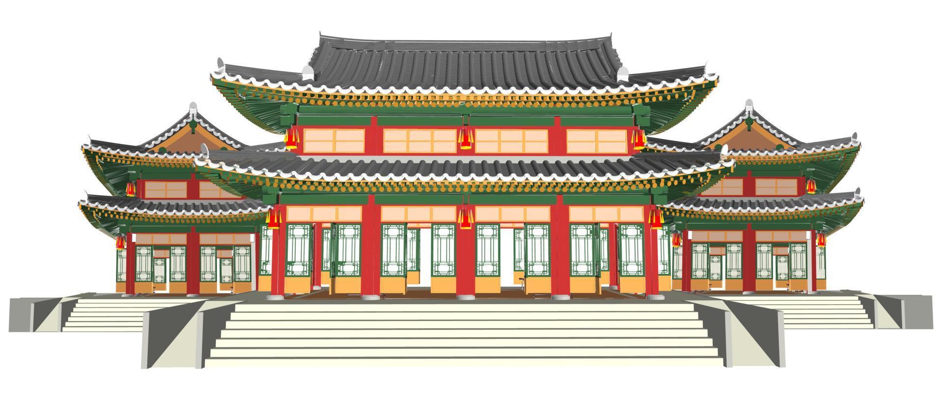 panorama di natura, Asia palazzo, vulcano, montagne, fiumi, e colline con alberi. il sakura fiori. vettore illustrazione