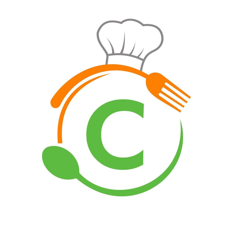 lettera c logo con capocuoco cappello, cucchiaio e forchetta per ristorante logo. ristorante logotipo vettore