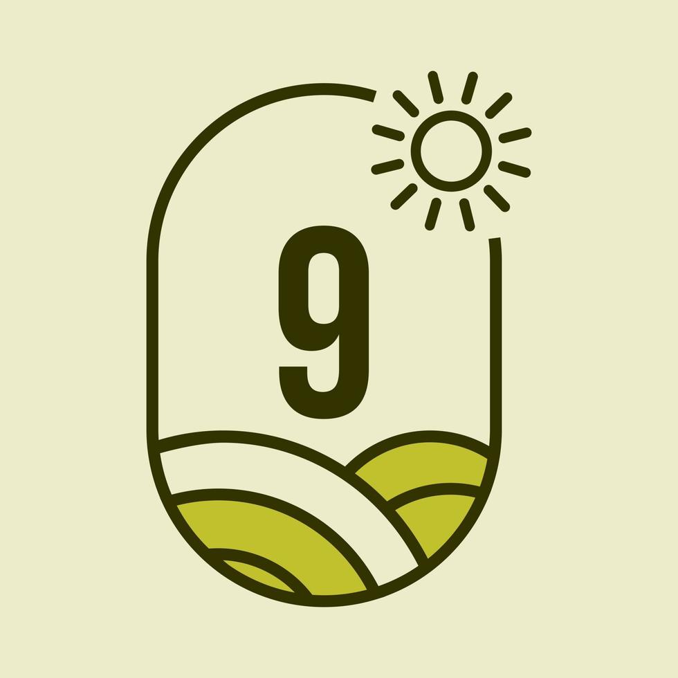 lettera 9 agricoltura logo emblema modello. agro azienda agricola, agroalimentare, eco-fattoria cartello con sole e agricolo campo simbolo vettore