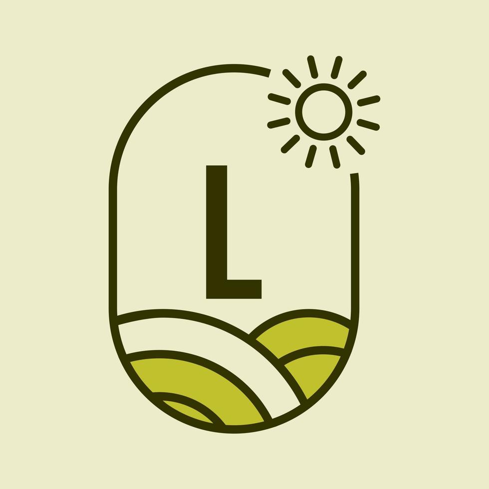 lettera l agricoltura logo emblema modello. agro azienda agricola, agroalimentare, eco-fattoria cartello con sole e agricolo campo simbolo vettore