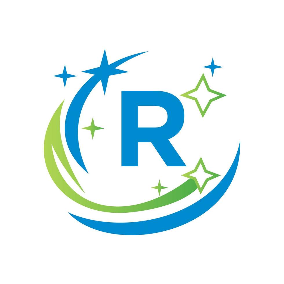 Casa pulizia logo su lettera r con acqua terme concetto scopa domestica logotipo vettore