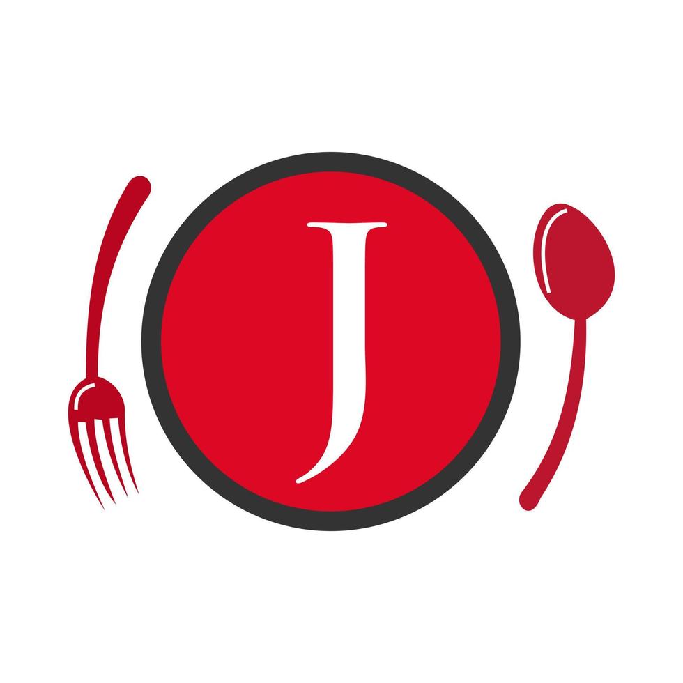 ristorante logo su lettera j cucchiaio e forchetta concetto vettore