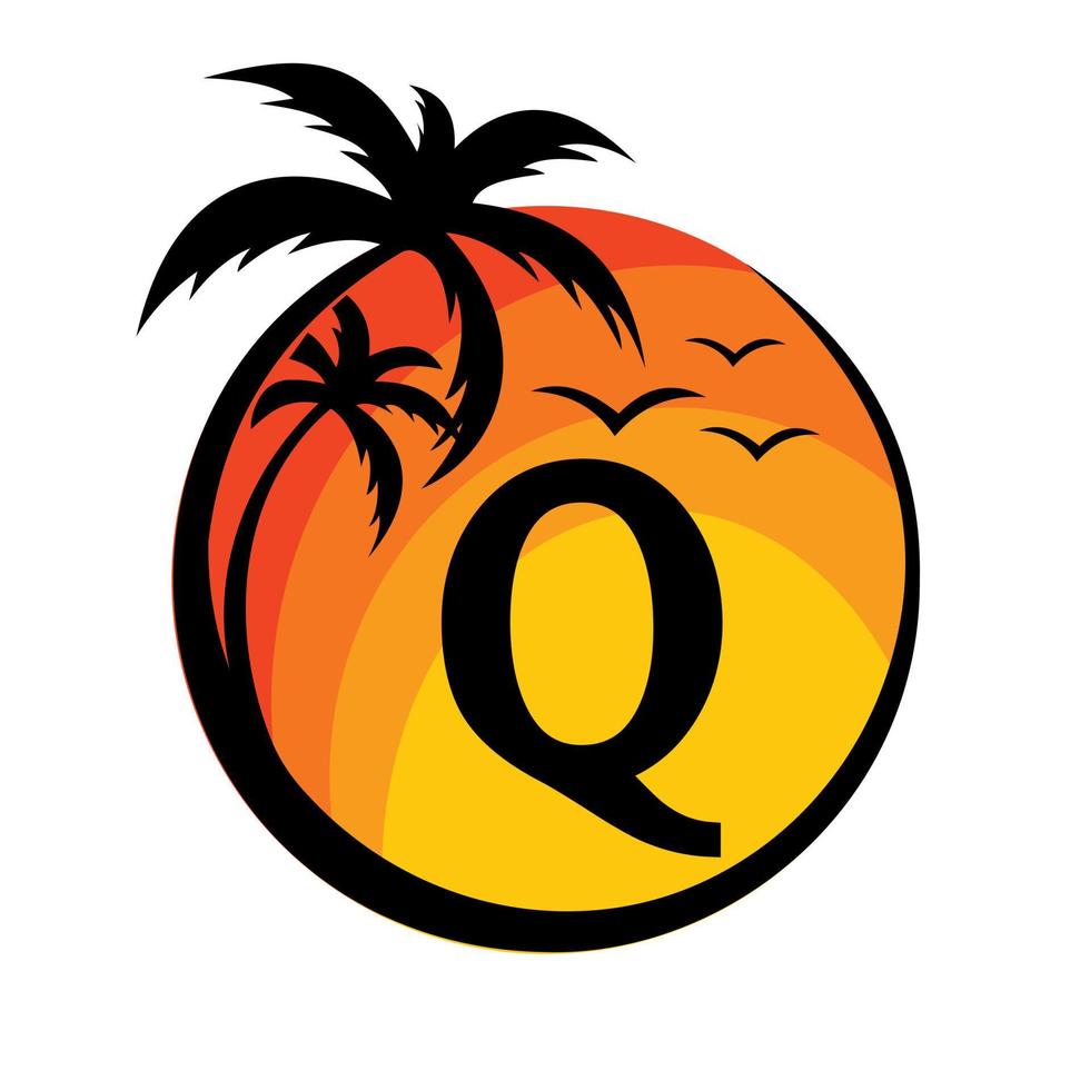 spiaggia logo su lettera q vettore cartello. estate vacanza su tropicale spiaggia logotipo