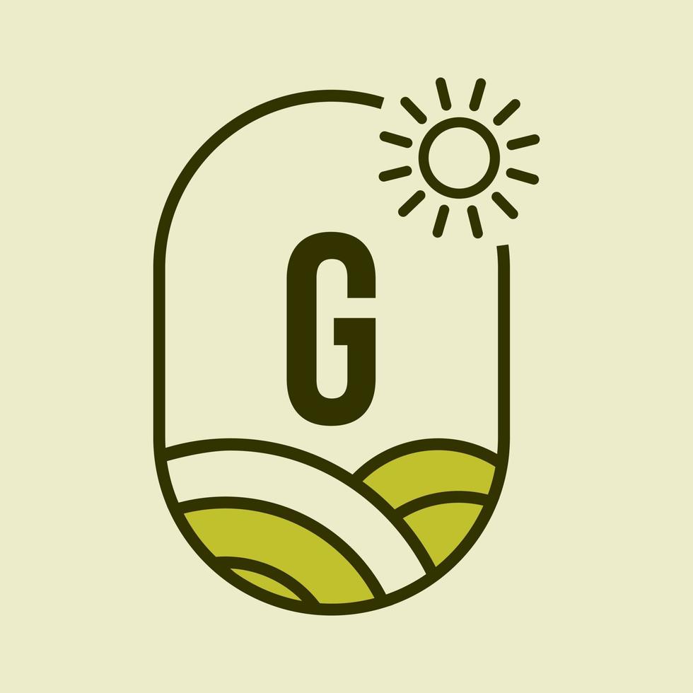 lettera g agricoltura logo emblema modello. agro azienda agricola, agroalimentare, eco-fattoria cartello con sole e agricolo campo simbolo vettore