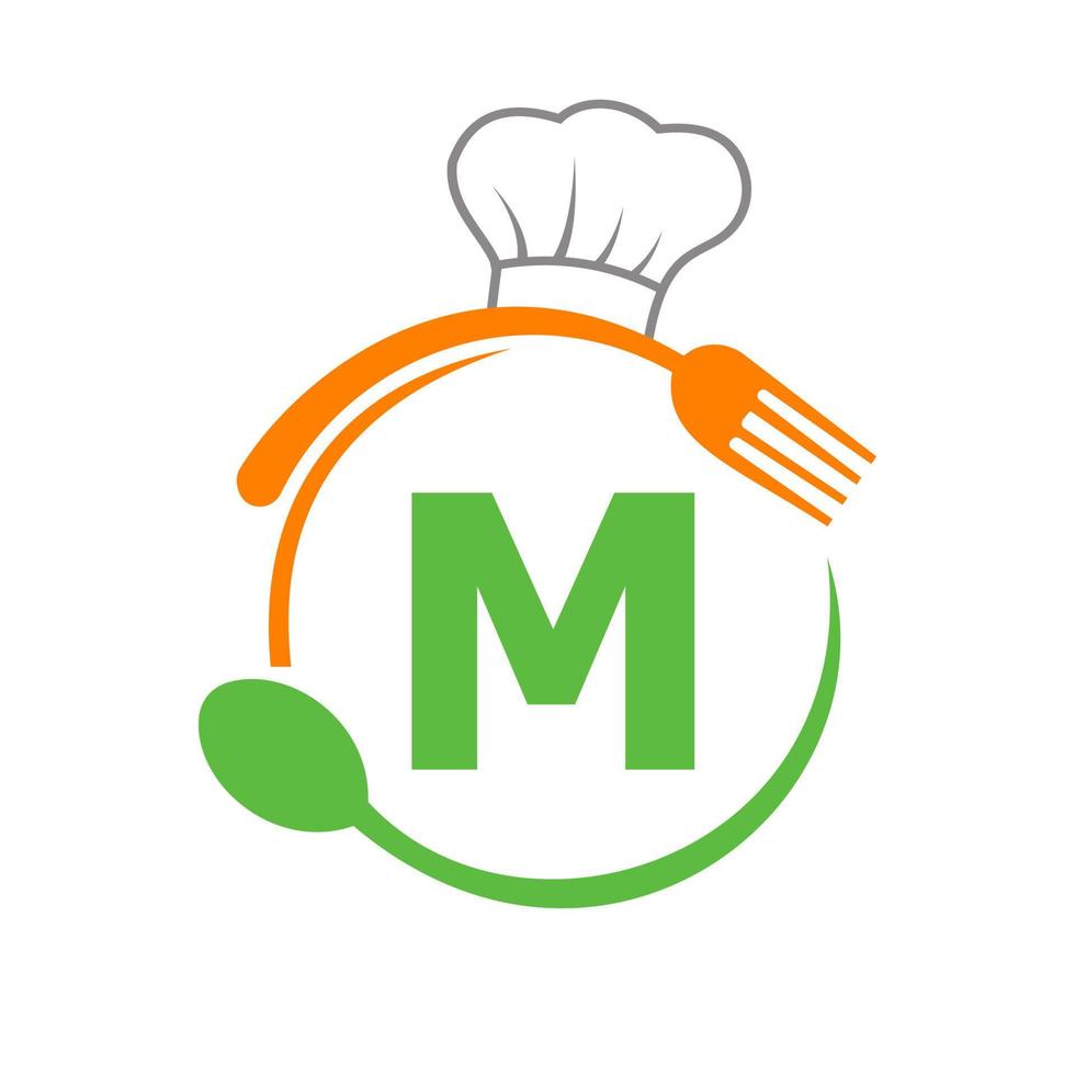 lettera m logo con capocuoco cappello, cucchiaio e forchetta per ristorante logo. ristorante logotipo vettore