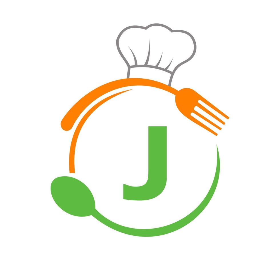 lettera j logo con capocuoco cappello, cucchiaio e forchetta per ristorante logo. ristorante logotipo vettore