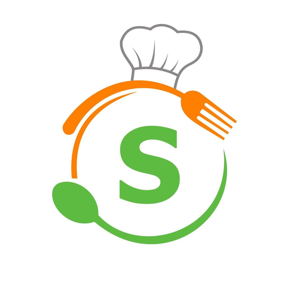 lettera S logo con capocuoco cappello, cucchiaio e forchetta per ristorante logo. ristorante logotipo vettore