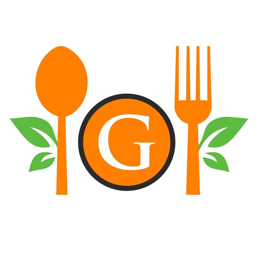 ristorante logo su lettera g modello. cucchiaio e forchetta, foglia simbolo per cucina cartello, bar icona, ristorante, cucinando attività commerciale vettore