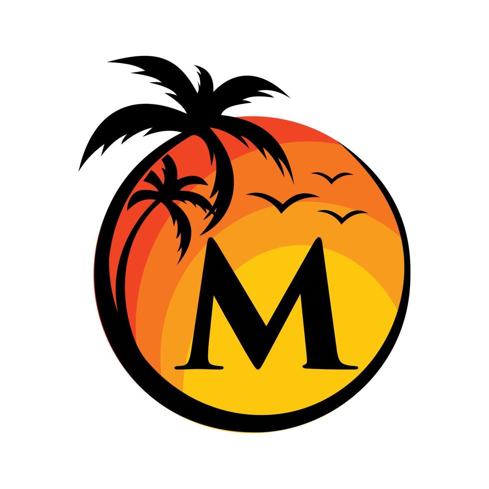 spiaggia logo su lettera m vettore cartello. estate vacanza su tropicale spiaggia logotipo