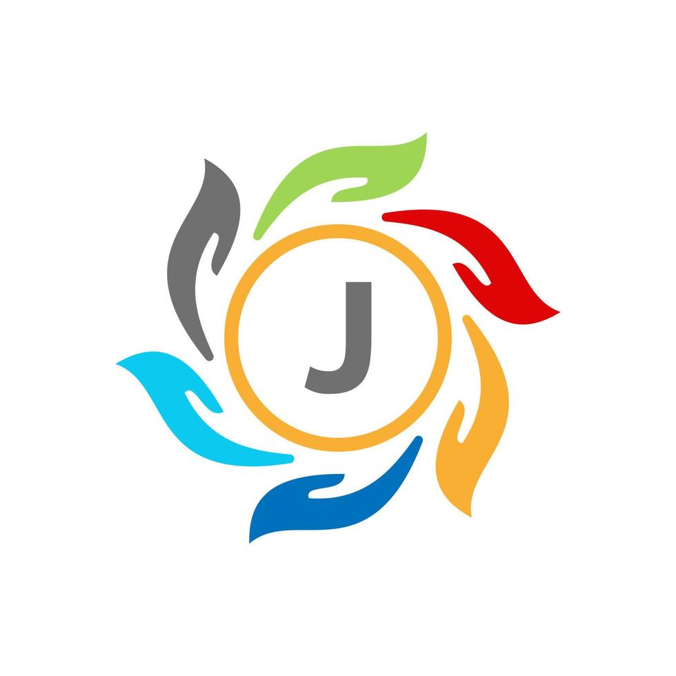 lettera j beneficenza logo mano cura e fondazione logotipo, unità simbolo vettore