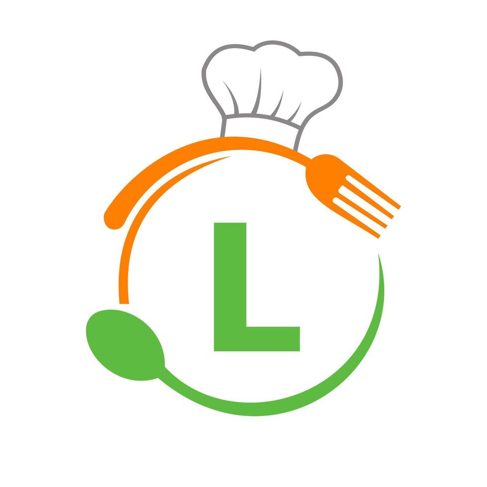 lettera l logo con capocuoco cappello, cucchiaio e forchetta per ristorante logo. ristorante logotipo vettore