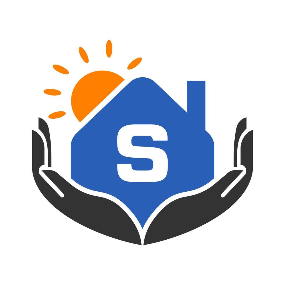 lettera S vero tenuta logo concetto con sole, Casa e mano modello. sicuro casa logo elemento vettore