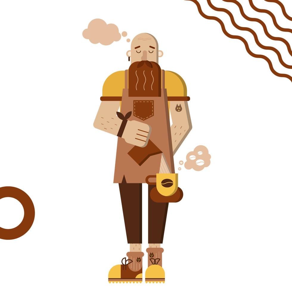 barista personaggio design fatto nel semplice geometrico stile isolato grafico elemento. barista fabbricazione caffè, tazza di caffè. fricchettone uomo con barba e baffi nel un grembiule. vettore illustrazione.